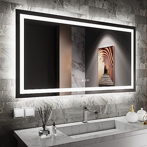 LED Bathroom Rectangle Mirror Front and Backlit Lighted Vanity Mirror Home Decor with Dimmable Touch Button & Anti-Fog(Optional) Function Makeup Mirror with Light, Wall Mounted Smart Shaving Mirror with multi light option